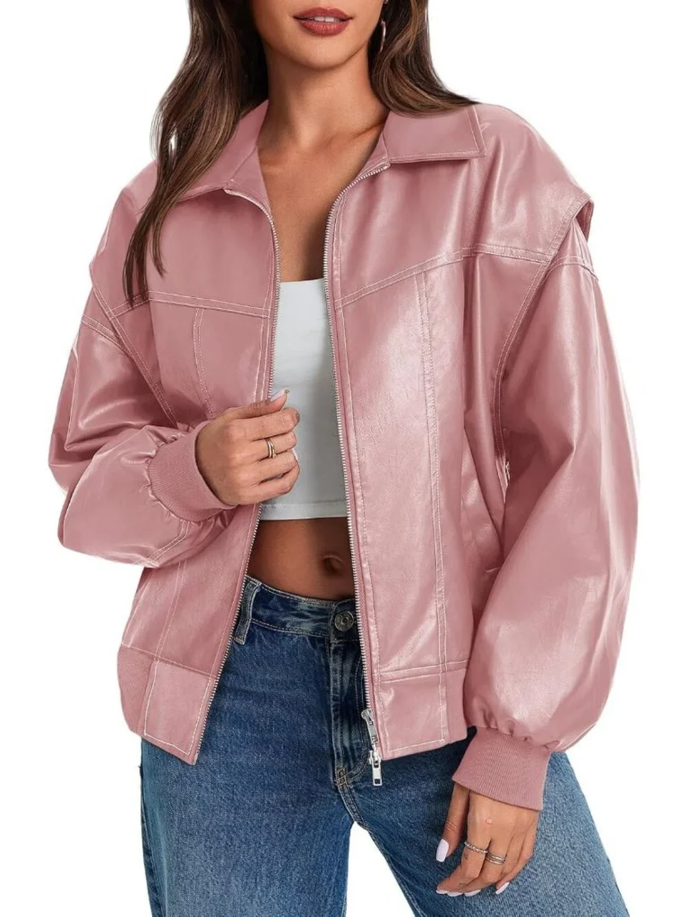 Women's Pink Oversized Faux Leather Bomber Jacket Motorcycle ZIP Up Coat